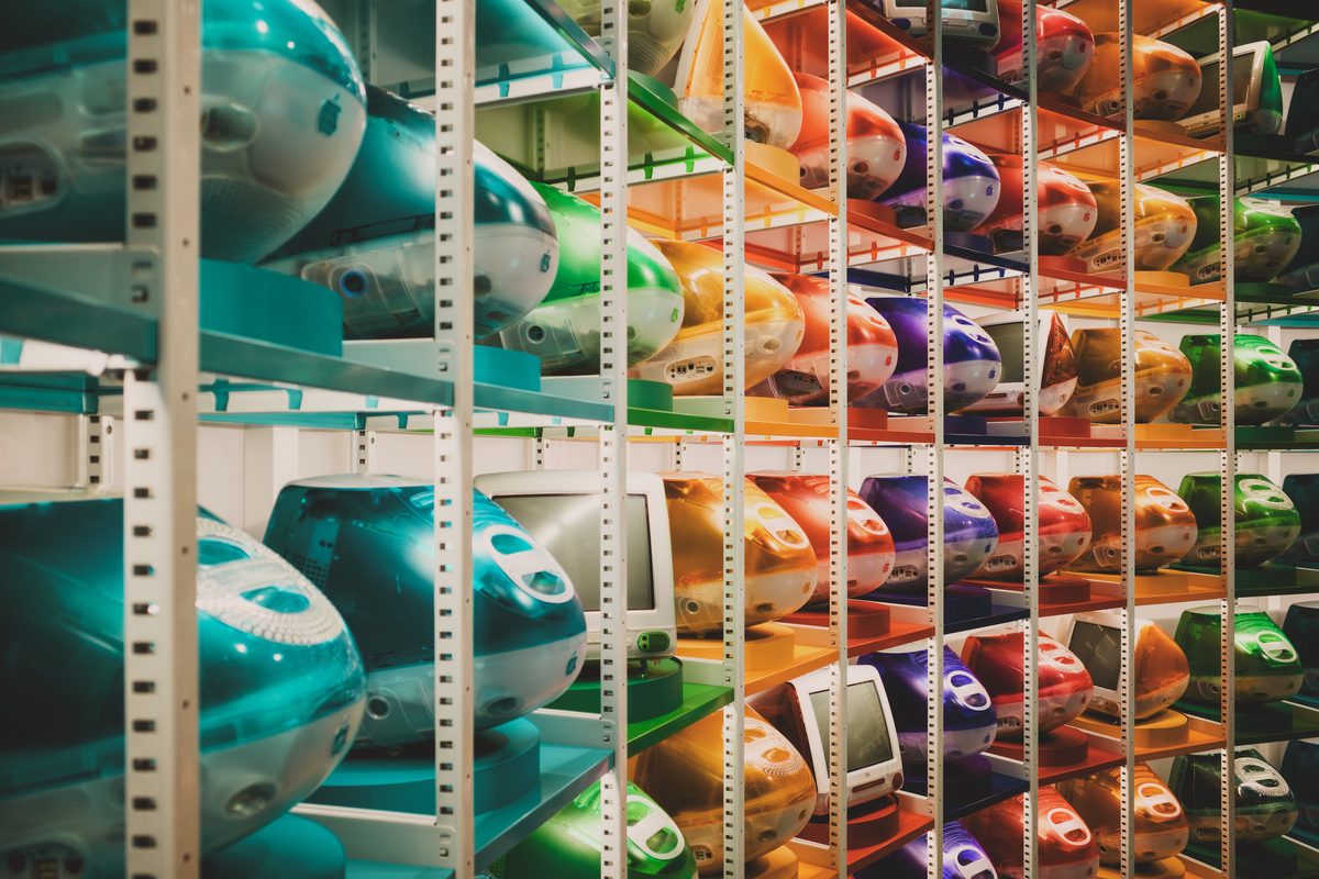 A wall of iMac G3 in the Apple Museum. Image Anthony Nelzin-Santos.