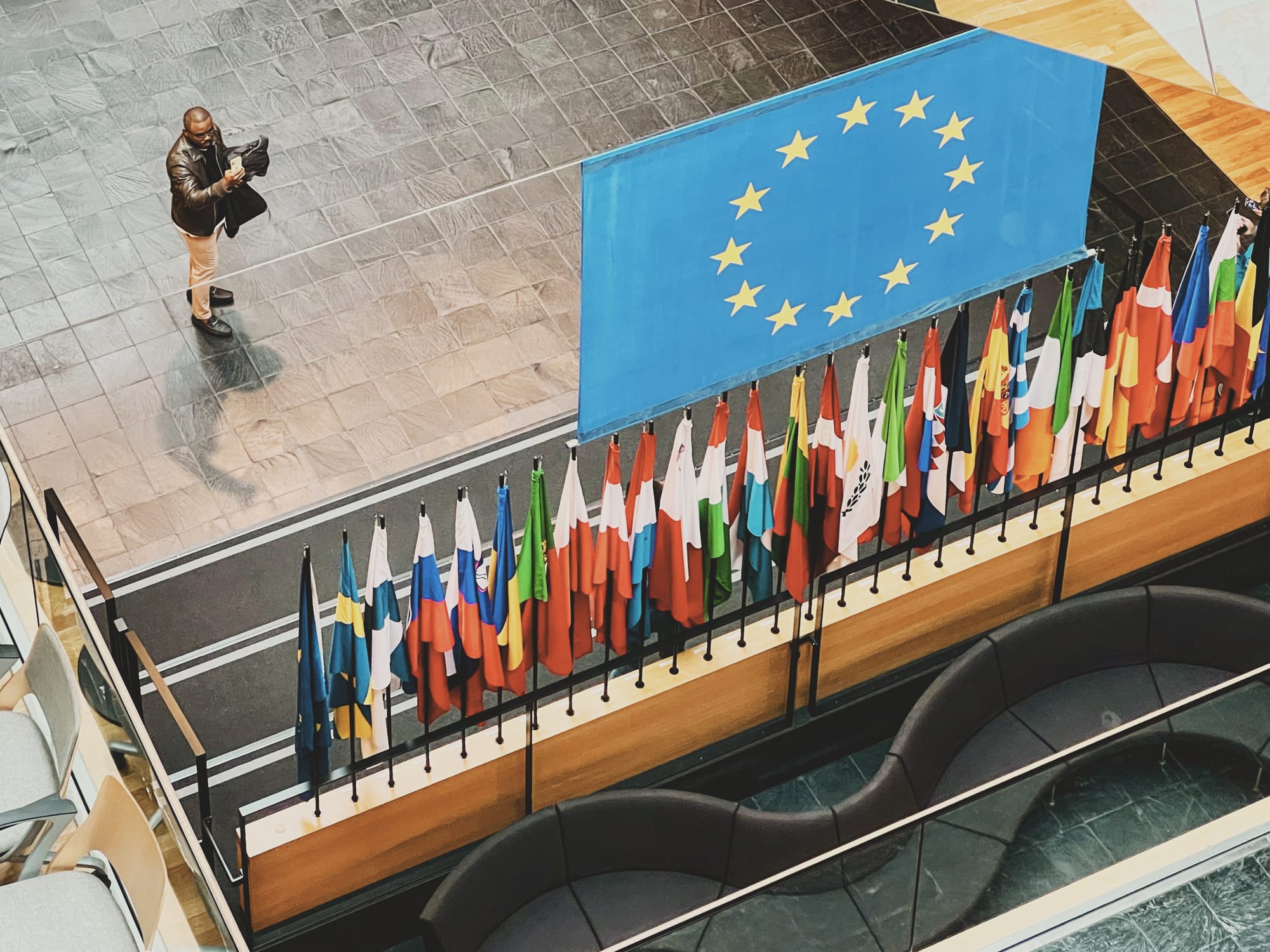 A row of flags at the European Parliament in Strasbourg.