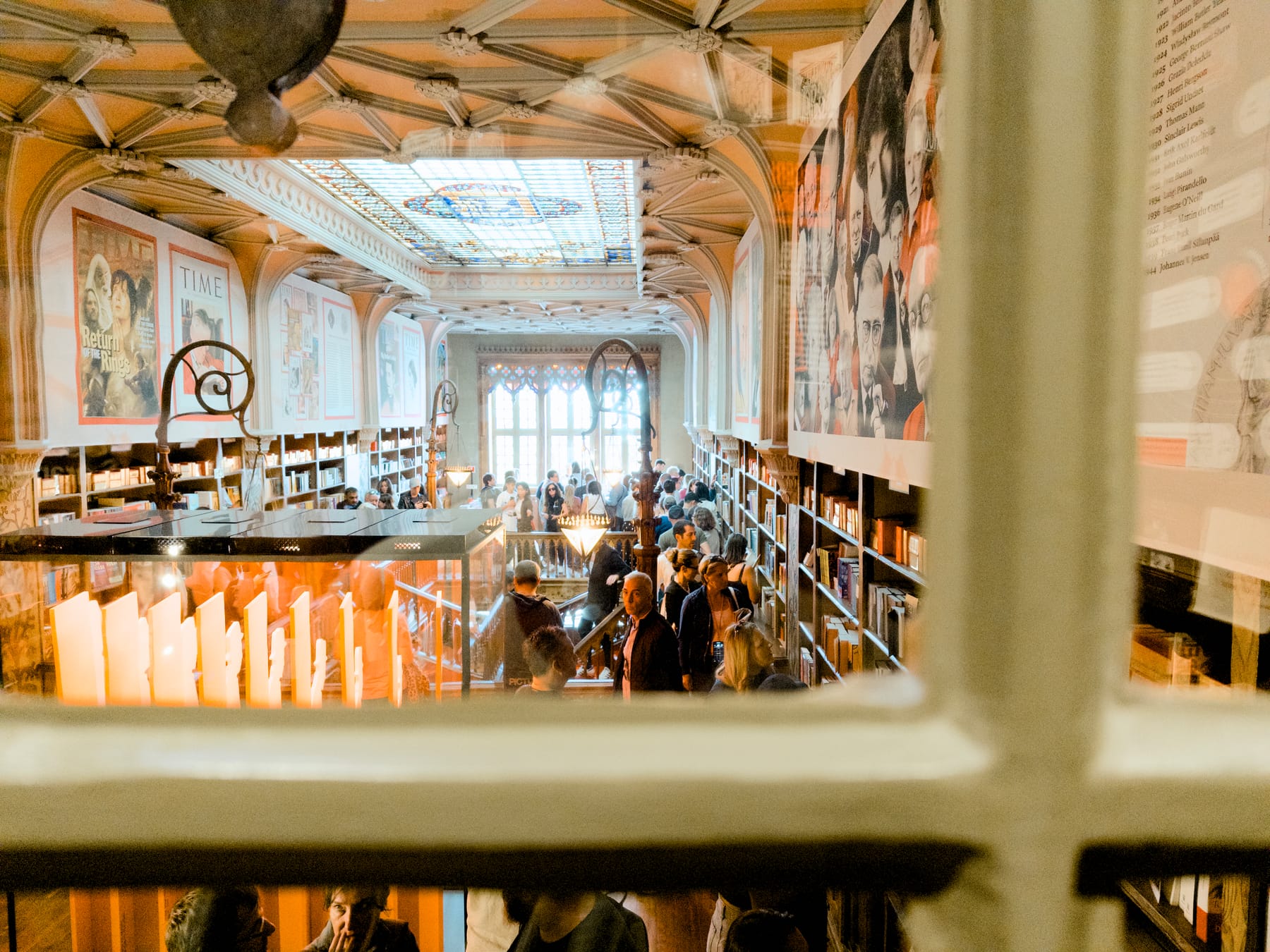 A view of the Livraria Lello through a window.