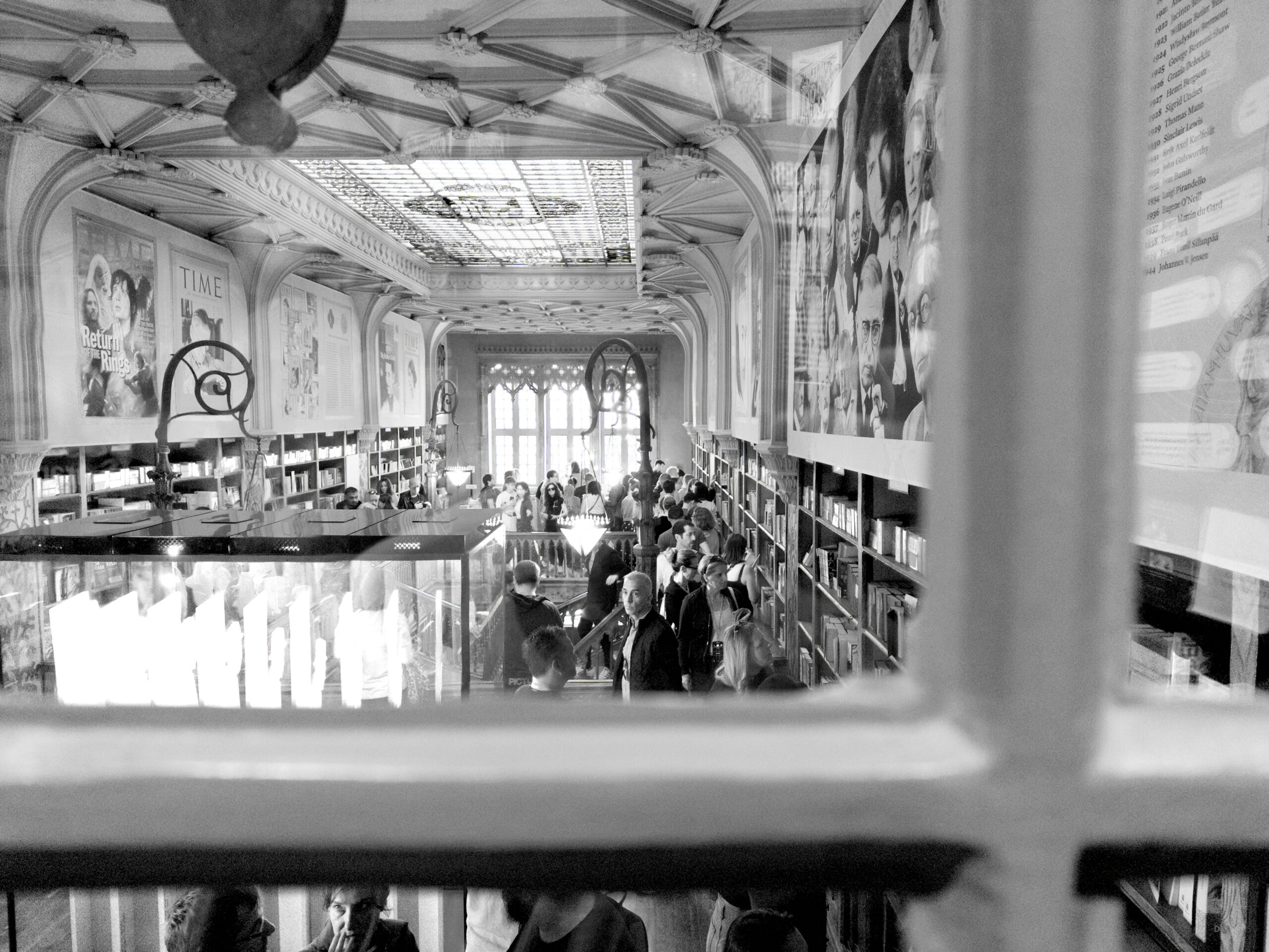 A view of the Livraria Lello through a window.