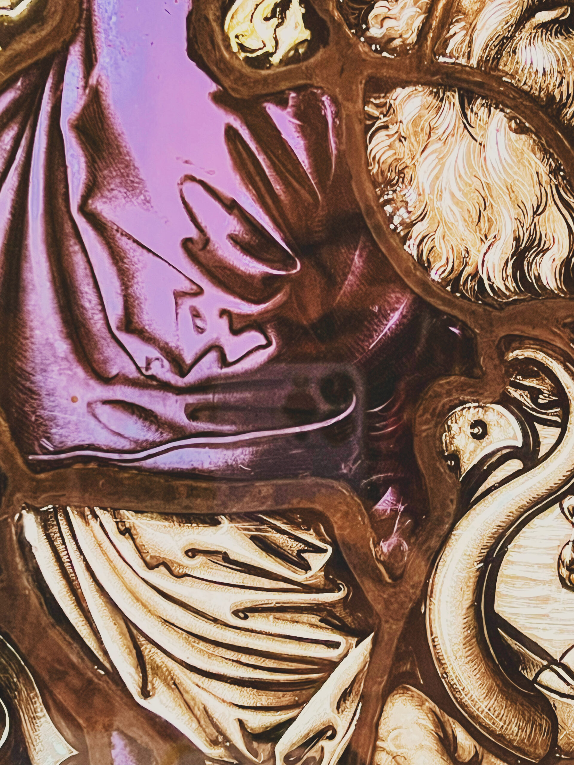 A purple stained glass.